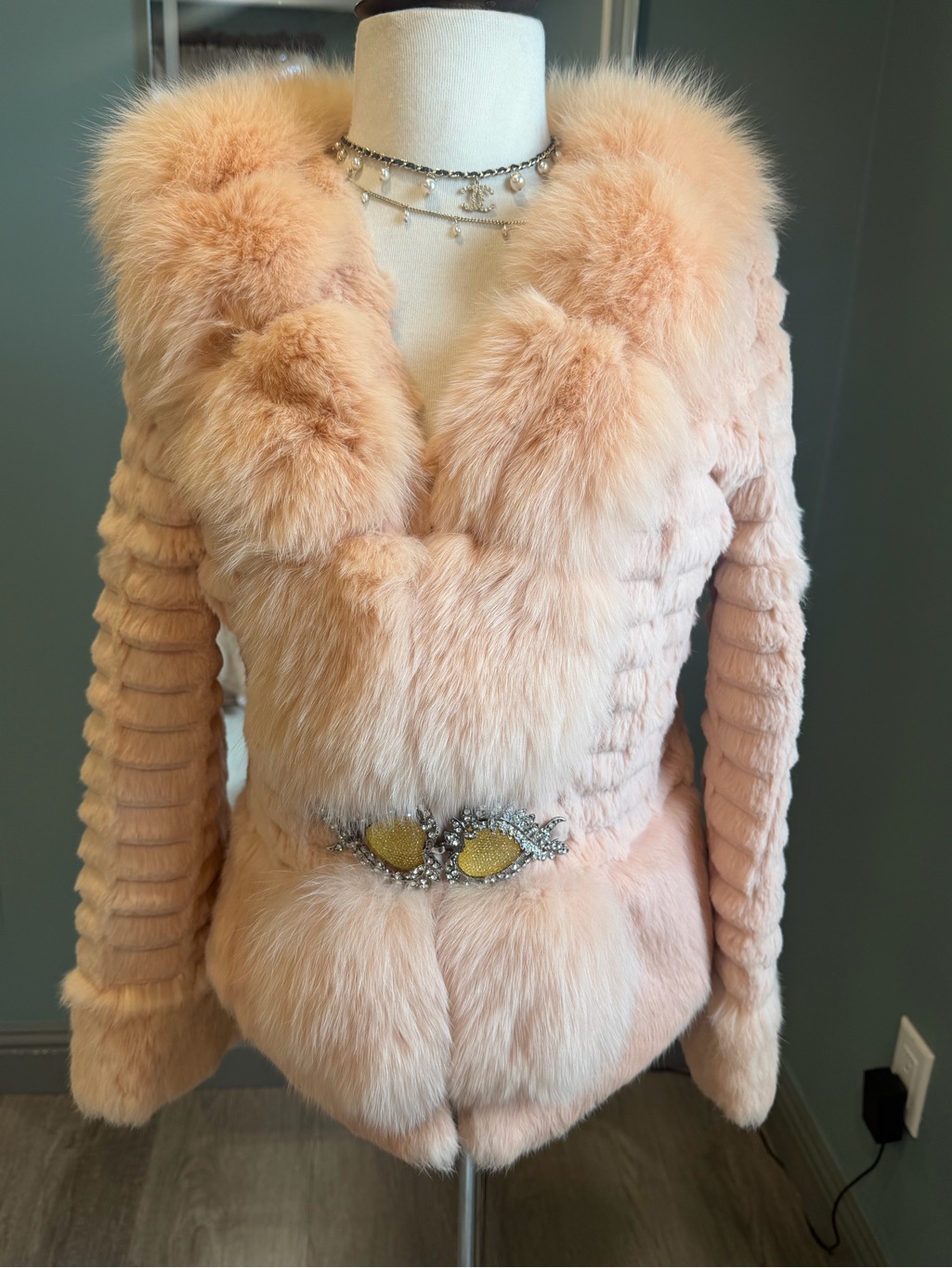 Nwt Vintage Blush Pink Rabbit Fur Jacket Fox Fur Trim Jeweled Clasp Coquette